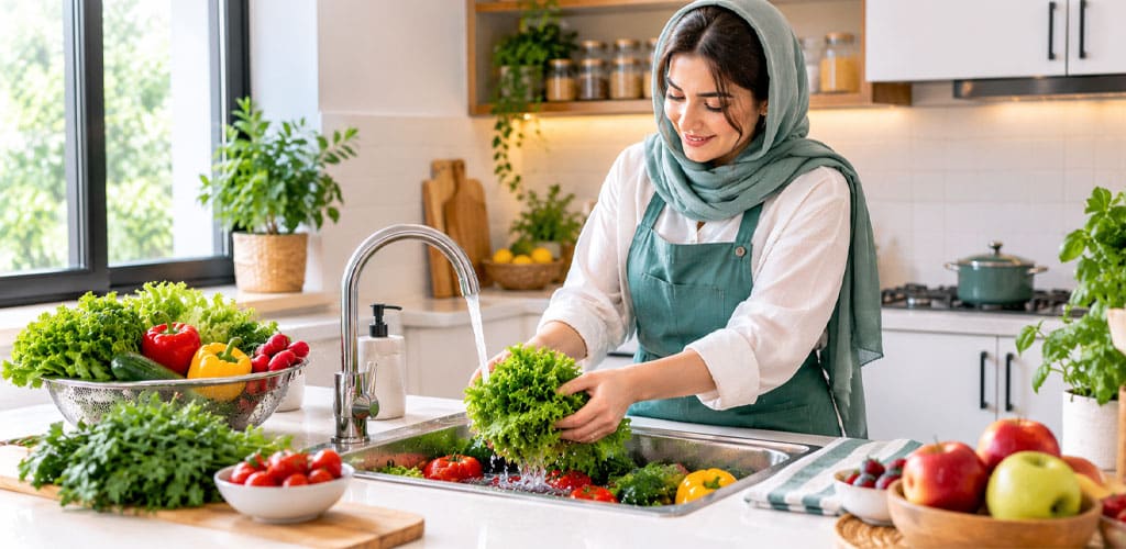 چگونه میوه و سبزیجات را ضدعفونی کنیم؟ راهنمای کامل شستشو و ضدعفونی میوه و سبزیجات بخش مهمی از برنامه غذایی روزانه ما هستند و مصرف منظم آن‌ها می‌تواند به تأمین ویتامین‌ها، مواد معدنی و فیبر مورد نیاز بدن کمک کند. اما یک سؤال مهم وجود دارد: چگونه میوه و سبزیجات را ضدعفونی کنیم؟ شاید در نگاه اول شستن یک سیب، خیار، گوجه‌فرنگی یا یک دسته سبزی کار ساده‌ای به نظر برسد؛ آن را زیر آب می‌گیریم، کمی دست می‌کشیم و داخل یخچال قرار می‌دهیم. اما شستشوی ساده همیشه با «ضدعفونی اصولی» یکسان نیست. نوع محصول، میزان آلودگی، شکل و بافت میوه یا سبزی و حتی روشی که برای شستشو انتخاب می‌کنیم، می‌تواند در نتیجه نهایی تأثیر داشته باشد. از طرف دیگر، استفاده از هر ماده‌ای برای ضدعفونی کردن مواد غذایی کار درستی نیست. برخی افراد از شوینده‌های خانگی یا مواد نامناسب استفاده می‌کنند که ممکن است برای تماس با مواد غذایی طراحی نشده باشند. بنابراین اگر قرار است از محلول ضدعفونی‌کننده استفاده شود، باید محصولی انتخاب شود که برای میوه و سبزیجات طراحی شده باشد و روش مصرف آن دقیقاً مطابق دستور سازنده انجام شود. در این راهنمای یانا هوم قصد داریم قدم‌به‌قدم توضیح دهیم که چگونه میوه و سبزیجات را ضدعفونی کنیم، قبل از ضدعفونی چه کاری باید انجام دهیم، چه تفاوتی میان شستشو و ضدعفونی وجود دارد، برای انواع مختلف میوه و سبزی چه نکاتی اهمیت دارد و هنگام خرید محلول ضدعفونی‌کننده باید به چه مواردی توجه کنیم. ضدعفونی کننده میوه و سبزیجات HTN  چگونه میوه و سبزیجات را ضدعفونی کنیم؟ از شستشوی اولیه تا ضدعفونی اصولی چرا ضدعفونی کردن میوه و سبزیجات اهمیت دارد؟ میوه‌ها و سبزیجات پیش از رسیدن به آشپزخانه مسیر نسبتاً طولانی را طی می‌کنند. آن‌ها ممکن است در زمان برداشت، بسته‌بندی، حمل‌ونقل، عرضه در فروشگاه یا حتی هنگام خرید و جابه‌جایی با سطوح و دست‌های مختلف تماس داشته باشند. خاک، گردوغبار، ذرات محیطی و آلودگی‌های مختلف نیز ممکن است روی سطح آن‌ها قرار بگیرد. به همین دلیل، قرار دادن مستقیم میوه و سبزی خریداری‌شده در یخچال یا مصرف آن بدون شستشوی مناسب، انتخاب مناسبی نیست. البته یک نکته مهم را باید در نظر گرفت: ضدعفونی کردن جای شستشوی صحیح را نمی‌گیرد. ابتدا باید آلودگی‌های قابل مشاهده، خاک، گل و مواد زائد از سطح محصول جدا شود و سپس، در صورت نیاز و مطابق دستور محصول مجاز، مرحله ضدعفونی انجام شود. این موضوع مخصوصاً درباره سبزیجاتی که به صورت خام مصرف می‌شوند اهمیت بیشتری دارد؛ مانند سبزی خوردن، کاهو، سبزی سالاد، جعفری، گشنیز، شوید و موارد مشابه. تفاوت شستشو و ضدعفونی میوه و سبزیجات چیست؟ یکی از رایج‌ترین اشتباهات این است که شستشو و ضدعفونی را دو عبارت کاملاً یکسان در نظر بگیریم. شستشو بیشتر با هدف جدا کردن خاک، گردوغبار، ذرات و آلودگی‌های قابل مشاهده انجام می‌شود. اما ضدعفونی با استفاده از ماده‌ای انجام می‌شود که برای کاهش یا از بین بردن میکروارگانیسم‌های مشخص طراحی شده است. بنابراین اگر از خودمان بپرسیم چگونه میوه و سبزیجات را ضدعفونی کنیم؟ پاسخ فقط «آن‌ها را زیر آب بگیریم» نیست. روش صحیح باید متناسب با نوع محصول ضدعفونی‌کننده و دستور مصرف آن باشد. یک قاعده مهم این است که هیچ‌وقت مقدار ماده ضدعفونی‌کننده را از روی حدس و تجربه شخصی تعیین نکنید. محصولات مختلف، ترکیبات و غلظت‌های متفاوتی دارند و زمان تماس و میزان رقیق‌سازی آن‌ها می‌تواند متفاوت باشد. مرحله اول؛ انتخاب و بررسی میوه و سبزی قبل از اینکه سراغ سینک و محلول ضدعفونی بروید، ابتدا محصولاتی را که خریداری کرده‌اید بررسی کنید. میوه یا سبزی‌هایی که قسمت‌های خراب، له‌شده یا پوسیده دارند باید جدا شوند. این کار نه‌تنها برای کیفیت مواد غذایی اهمیت دارد، بلکه کمک می‌کند محصول سالم در کنار محصول خراب قرار نگیرد. برای مثال، اگر چند عدد گوجه‌فرنگی خریداری کرده‌اید و یکی از آن‌ها کاملاً له شده است، بهتر است آن را از سایر گوجه‌ها جدا کنید. همین موضوع درباره سبزیجات نیز صدق می‌کند. سبزی‌های پژمرده یا دارای بخش‌های خراب را جدا کنید و قسمت‌های غیرقابل مصرف را دور بریزید. مرحله دوم؛ جدا کردن گل و خاک و مواد زائد حالا باید آلودگی‌های قابل مشاهده را جدا کنید. اگر سبزی دارای گل و خاک است، قبل از استفاده از هر نوع محلول ضدعفونی‌کننده باید تا حد امکان این آلودگی‌های سطحی جدا شوند. این کار باعث می‌شود مرحله بعدی شستشو و ضدعفونی با شرایط مناسب‌تری انجام شود. برای سبزی‌های برگی، برگ‌های خراب یا قسمت‌های غیرقابل استفاده را جدا کنید. برای سبزیجاتی مانند هویج، سیب‌زمینی یا تربچه نیز ابتدا خاک و ذرات چسبیده به سطح را با آب بشویید. مرحله سوم؛ شستشوی اولیه در این مرحله میوه یا سبزی را با آب مناسب بشویید تا آلودگی‌های ظاهری جدا شوند. برای برخی میوه‌ها می‌توانید سطح محصول را به‌آرامی با دست تمیز زیر جریان آب مالش دهید. برای محصولاتی مانند خیار، سیب و گوجه‌فرنگی نیز توجه به تمام سطح محصول اهمیت دارد. اگر میوه یا سبزی شیار، برجستگی یا سطح نامنظم دارد، با دقت بیشتری آن را بشویید. در این مرحله نیازی نیست برای تمیزتر شدن میوه از مواد شوینده معمولی خانه استفاده کنید. مایع ظرفشویی، سفیدکننده یا شوینده‌های عمومی را نباید به‌صورت خودسرانه برای شستشوی مواد غذایی استفاده کرد. اگر قرار است از یک محصول ضدعفونی‌کننده استفاده شود، باید محصول مخصوص میوه و سبزیجات باشد و دستورالعمل روی بسته‌بندی آن رعایت شود. مرحله چهارم؛ استفاده از محلول ضدعفونی‌کننده مخصوص میوه و سبزیجات بعد از شستشوی اولیه، اگر محصولی برای ضدعفونی کردن میوه و سبزیجات در اختیار دارید، نوبت به استفاده از آن می‌رسد. در این مرحله یک نکته بسیار مهم وجود دارد: دستورالعمل درج‌شده روی محصول را دقیقاً رعایت کنید. نباید تصور کنیم هر محلول ضدعفونی‌کننده‌ای باید با یک مقدار مشخص آب ترکیب شود. برای مثال، اگر روی یک محصول نوشته شده مقدار مشخصی از محلول را در حجم مشخصی از آب رقیق کنید، همان دستور را اجرا کنید. افزایش مقدار ماده ضدعفونی‌کننده لزوماً به معنای بهتر شدن نتیجه نیست. حتی ممکن است استفاده نادرست از محصول باعث شود شستشوی نهایی دشوارتر شود یا ماده‌ای بیش از مقدار توصیه‌شده روی سطح مواد غذایی باقی بماند. ضدعفونی‌کننده میوه و سبزیجات HTN؛ انتخابی کاربردی برای خانه اگر به دنبال یک محصول آماده و تخصصی برای این کار هستید، می‌توانید ضدعفونی‌کننده میوه و سبزیجات HTN را در فروشگاه یانا هوم بررسی کنید. هدف از انتخاب چنین محصولی این است که به جای استفاده از مواد نامناسب و روش‌های تجربی، از محصولی استفاده شود که برای کاربرد موردنظر طراحی شده است. هنگام استفاده از محصول HTN نیز مانند هر محصول مشابه، دستور مصرف، میزان رقیق‌سازی، زمان تماس و نکات ایمنی درج‌شده روی بسته‌بندی را ملاک قرار دهید. بهتر است این اطلاعات را قبل از شروع کار مطالعه کنید و هیچ‌گاه بر اساس حدس، میزان مصرف را تغییر ندهید. اگر قصد خرید دارید، یانا هوم یکی از گزینه‌های مناسب برای خرید ضدعفونی‌کننده میوه و سبزیجات با کیفیت و قیمت مناسب است و می‌توانید محصول HTN را از این فروشگاه بررسی و تهیه کنید. مرحله پنجم؛ آبکشی نهایی پس از طی زمان توصیه‌شده برای محصول مورد استفاده، باید مرحله نهایی را طبق دستور همان محصول انجام دهید. اگر روی برچسب محصول توصیه به آبکشی شده است، آبکشی نهایی را با آب مناسب و به‌طور کامل انجام دهید. این مرحله را نباید دست‌کم گرفت. یکی از اشتباهات رایج این است که فرد تصور می‌کند «هرچه محلول بیشتر روی محصول باقی بماند، بهتر است». چنین برداشتی صحیح نیست. زمان تماس باید مطابق دستور سازنده باشد. آیا باید همه میوه‌ها را به یک روش ضدعفونی کنیم؟ خیر. نوع میوه، سطح آن، میزان تماس آن با خاک و شیوه مصرف می‌تواند متفاوت باشد. یک توت‌فرنگی با سطح حساس و پر از فرورفتگی، با یک سیب یا خیار یکسان نیست. همین موضوع درباره سبزیجات نیز صدق می‌کند. سبزی‌های برگی، سبزیجات ریشه‌ای و میوه‌های دارای پوست ضخیم شرایط متفاوتی دارند. بنابراین بهتر است به جای یک نسخه واحد برای همه محصولات، ابتدا نوع محصول را در نظر بگیریم و سپس دستورالعمل محصول ضدعفونی‌کننده را اجرا کنیم.  روش صحیح ضدعفونی انواع میوه و سبزیجات و اشتباهات رایج حالا که مراحل اصلی را شناختیم، بهتر است کمی دقیق‌تر به انواع میوه‌ها و سبزیجات نگاه کنیم. زیرا وقتی کاربر می‌پرسد چگونه میوه و سبزیجات را ضدعفونی کنیم، معمولاً فقط یک پاسخ کلی نمی‌خواهد؛ بلکه می‌خواهد بداند با سیب، خیار، گوجه، کاهو، سبزی خوردن، توت‌فرنگی و سایر مواد غذایی چه کار کند. چگونه سبزی خوردن را ضدعفونی کنیم؟ سبزی خوردن معمولاً شامل ترکیبی از سبزی‌های برگی و ساقه‌ای است و به دلیل شکل برگ‌ها ممکن است ذرات خاک و آلودگی در میان آن‌ها باقی بماند. اولین قدم، پاک کردن سبزی است. برگ‌های زرد، خراب و غیرقابل استفاده را جدا کنید. سپس قسمت‌های ضخیم و غیرقابل مصرف را جدا کرده و سبزی را با آب بشویید. در مرحله بعد، اگر قصد استفاده از محلول ضدعفونی‌کننده مخصوص میوه و سبزیجات را دارید، باید دستور همان محصول را اجرا کنید. پس از پایان زمان تماس، سبزی را مطابق دستورالعمل آبکشی کنید. در نهایت می‌توانید اجازه دهید آب اضافی سبزی خارج شود و سپس آن را برای مصرف یا نگهداری آماده کنید. چگونه کاهو را ضدعفونی کنیم؟ کاهو از آن دسته سبزیجاتی است که برگ‌های متعدد و چین‌خورده دارد. به همین دلیل نباید فقط سطح بیرونی آن را زیر آب گرفت و تصور کرد تمام قسمت‌ها تمیز شده‌اند. ابتدا برگ‌های خراب را جدا کنید. سپس برگ‌ها را از هم جدا کرده و با آب بشویید. اگر از محلول مخصوص ضدعفونی میوه و سبزی استفاده می‌کنید، دستور مصرف آن را رعایت کنید. پس از پایان فرآیند نیز شستشو یا آبکشی نهایی را طبق دستور محصول انجام دهید. این کار باعث می‌شود سطح برگ‌ها برای مصرف آماده‌تر شود. چگونه جعفری، گشنیز و شوید را ضدعفونی کنیم؟ سبزی‌های برگی ریز مانند جعفری و گشنیز می‌توانند ذرات خاک را میان برگ‌ها و ساقه‌ها نگه دارند. بنابراین شستشوی آن‌ها باید با حوصله انجام شود. ابتدا قسمت‌های خراب را جدا کنید. سپس سبزی را در حجم مناسب آب قرار داده و به‌آرامی جابه‌جا کنید. پس از شستشوی اولیه، می‌توانید طبق دستور محصول موردنظر مرحله ضدعفونی را انجام دهید. در پایان نیز آبکشی نهایی انجام می‌شود. یکی از اشتباهات رایج این است که سبزی را با فشار زیاد زیر آب قرار دهیم و تصور کنیم این کار به‌تنهایی تمام آلودگی‌ها را از بین می‌برد. چگونه خیار را بشوییم و ضدعفونی کنیم؟ خیار معمولاً سطح نسبتاً صافی دارد اما شیارهای سطح آن می‌توانند محل تجمع ذرات مختلف باشند. قبل از ضدعفونی، خیار را زیر آب بشویید و سطح آن را به‌آرامی تمیز کنید. سپس مطابق دستور محصول ضدعفونی‌کننده عمل کنید. اگر قرار است خیار را با پوست مصرف کنید، توجه به شستشوی سطح خارجی اهمیت بیشتری پیدا می‌کند. اگر خیار را برای سالاد استفاده می‌کنید، بهتر است ابتدا شستشو و آماده‌سازی انجام شود و سپس برش بخورد. چگونه گوجه‌فرنگی را ضدعفونی کنیم؟ گوجه‌فرنگی نیز معمولاً به صورت خام مصرف می‌شود. ابتدا گوجه‌های خراب یا ترک‌خورده را جدا کنید. سپس آن‌ها را با آب بشویید و سطحشان را به‌آرامی تمیز کنید. پس از آن می‌توان از محصول ضدعفونی‌کننده مخصوص میوه و سبزی طبق دستور سازنده استفاده کرد. نکته مهم این است که گوجه‌فرنگی را بهتر است قبل از برش دادن به‌خوبی بشویید. وقتی میوه را برش می‌دهید، آلودگی احتمالی سطح می‌تواند با قسمت داخلی تماس پیدا کند. چگونه سیب را ضدعفونی کنیم؟ سیب اغلب با پوست مصرف می‌شود. بنابراین شستشوی سطح آن اهمیت زیادی دارد. ابتدا سیب را زیر آب مناسب بشویید. سطح آن را با دست تمیز به‌آرامی مالش دهید. سپس اگر قصد استفاده از محلول ضدعفونی‌کننده دارید، دستور محصول را اجرا کنید. بعد از پایان کار نیز مطابق دستورالعمل آبکشی کنید. چگونه توت‌فرنگی را بشوییم؟ توت‌فرنگی نسبت به بسیاری از میوه‌ها حساس‌تر است. سطح آن ناهموار است و قسمت سبز بالای آن نیز می‌تواند محل تجمع ذرات مختلف باشد. بنابراین بهتر است توت‌فرنگی را با دقت و بدون فشار زیاد بشویید. یکی از اشتباهات رایج، خیساندن طولانی‌مدت میوه‌های حساس در آب است. برای استفاده از هر نوع محلول ضدعفونی‌کننده، دستور سازنده را ملاک قرار دهید و مدت زمان توصیه‌شده را رعایت کنید. آیا استفاده از سرکه برای ضدعفونی میوه کافی است؟ سرکه در بسیاری از خانه‌ها برای شستشو و تمیزکاری استفاده می‌شود، اما نباید هر روش خانگی را معادل یک محصول ضدعفونی‌کننده تخصصی در نظر گرفت. اگر هدف شما ضدعفونی کردن میوه و سبزی است، بهتر است از محصولی استفاده کنید که برای همین کاربرد تولید شده و دستور مصرف مشخصی دارد. در این حالت، میزان مصرف و نحوه استفاده نیز مشخص است و لازم نیست ترکیبات مختلف خانگی را به شکل تجربی با یکدیگر ترکیب کنید. آیا مایع ظرفشویی برای شستن میوه مناسب است؟ بهتر است برای شستشوی مواد غذایی از مایع ظرفشویی یا شوینده‌های معمولی به شکل خودسرانه استفاده نکنید. این مواد برای شستن ظروف طراحی شده‌اند و لزوماً برای تماس مستقیم با مواد غذایی مناسب نیستند. اگر محصولی برای شستشو و ضدعفونی میوه و سبزی خریداری می‌کنید، حتماً کاربرد درج‌شده روی بسته‌بندی آن را بررسی کنید. آیا وایتکس برای ضدعفونی میوه و سبزی مناسب است؟ یکی از پرسش‌های پرتکرار همین است. پاسخ ساده این است که نباید از سفیدکننده یا وایتکس به‌صورت خودسرانه برای شستشوی مواد غذایی استفاده کرد. مواد ضدعفونی‌کننده مورد استفاده برای غذا باید مخصوص همین کاربرد باشند و دستور مصرف آن‌ها نیز باید رعایت شود. به همین دلیل اگر هدف شما ضدعفونی میوه و سبزیجات است، انتخاب یک محصول تخصصی بسیار منطقی‌تر از آزمون روش‌های خانگی و نامطمئن است. آیا جوش شیرین برای ضدعفونی میوه و سبزی کافی است؟ جوش شیرین ممکن است در برخی روش‌های تمیز کردن خانگی مطرح شود، اما نباید آن را جایگزین یک ضدعفونی‌کننده تخصصی دانست. اگر هدف اصلی شما کاهش آلودگی‌های میکروبی است، باید از محصولی استفاده کنید که برای این کاربرد طراحی شده و دستور مصرف مشخصی دارد. آیا بعد از ضدعفونی باید میوه و سبزی را آبکشی کنیم؟ این موضوع به دستورالعمل همان محصول بستگی دارد. برخی محصولات نیازمند آبکشی نهایی هستند و برخی ممکن است دستور متفاوتی داشته باشند. بنابراین به جای استفاده از یک قانون عمومی، برچسب و دستور مصرف محصول را مطالعه کنید. اگر محصول HTN خریداری کرده‌اید نیز دستور درج‌شده توسط سازنده را ملاک استفاده قرار دهید. آیا میوه و سبزی را قبل از قرار دادن در یخچال بشوییم؟ این موضوع به نوع محصول و نحوه نگهداری بستگی دارد. برخی میوه‌ها و سبزیجات اگر کاملاً خیس داخل یخچال قرار بگیرند ممکن است سریع‌تر کیفیت خود را از دست بدهند. بنابراین بعد از شستشو و آبکشی، بهتر است رطوبت اضافی آن‌ها گرفته شود و شرایط نگهداری مناسب برای هر محصول رعایت شود. اشتباهات رایج هنگام ضدعفونی کردن میوه و سبزیجات ۱. استفاده بیش از حد از محلول ضدعفونی‌کننده بیشتر بودن مقدار محلول به معنی بهتر بودن نتیجه نیست. دوز مصرفی باید مطابق دستور سازنده باشد. ۲. مخلوط کردن چند ماده شوینده هیچ‌وقت مواد شوینده و ضدعفونی‌کننده مختلف را بدون اطلاع از سازگاری شیمیایی آن‌ها با یکدیگر مخلوط نکنید. این کار می‌تواند خطرناک باشد. ۳. حذف مرحله شستشوی اولیه اگر میوه یا سبزی گل و خاک دارد، بهتر است ابتدا آلودگی‌های ظاهری آن برطرف شود. ۴. بیشتر کردن زمان تماس اگر روی محصول زمان مشخصی درج شده است، همان زمان را رعایت کنید. طولانی‌تر بودن همیشه به معنی بهتر بودن نیست. ۵. استفاده از مواد مخصوص سطوح برای مواد غذایی این یکی از مهم‌ترین اشتباهات است. هر محصول ضدعفونی‌کننده‌ای برای مواد غذایی مناسب نیست. روی بسته‌بندی باید مشخص شده باشد که محصول برای میوه و سبزیجات کاربرد دارد. ۶. بی‌توجهی به آبکشی نهایی اگر محصول نیاز به آبکشی دارد، این مرحله باید کامل انجام شود. ۷. استفاده از سینک کثیف اگر قرار است میوه و سبزیجات را در سینک یا ظرفی بشویید، تمیز بودن محل نیز اهمیت دارد.  راهنمای خرید ضدعفونی‌کننده میوه و سبزیجات + معرفی HTN و یانا هوم بعد از اینکه متوجه شدیم چگونه میوه و سبزیجات را ضدعفونی کنیم، سؤال بعدی معمولاً این است: چه ضدعفونی‌کننده‌ای برای میوه و سبزیجات بخریم؟ بازار محصولات شوینده و ضدعفونی‌کننده بسیار متنوع است و همین موضوع می‌تواند انتخاب را سخت کند. ممکن است دو محصول ظاهر مشابهی داشته باشند اما کاربرد، ترکیبات، میزان مصرف و روش استفاده آن‌ها متفاوت باشد. به همین دلیل هنگام خرید نباید فقط به قیمت توجه کرد. هنگام خرید ضدعفونی‌کننده میوه و سبزی به چه نکاتی توجه کنیم؟ محصول باید کاربرد مشخص داشته باشد اولین نکته بسیار مهم این است که روی محصول مشخص شده باشد برای میوه و سبزیجات کاربرد دارد. محصولی که صرفاً برای سطوح، سرویس بهداشتی یا سایر کاربردهای خانگی تولید شده، انتخاب مناسبی برای مواد غذایی نیست. دستور مصرف واضح داشته باشد یک محصول خوب باید نحوه مصرف مشخصی داشته باشد. مقدار مورد نیاز، میزان رقیق‌سازی، مدت زمان تماس و در صورت نیاز روش آبکشی باید مشخص باشد. این اطلاعات به شما کمک می‌کند بدون حدس و خطا از محصول استفاده کنید. بسته‌بندی مناسب داشته باشد بسته‌بندی مناسب علاوه بر محافظت از محتویات محصول، باید اطلاعات لازم را در اختیار مصرف‌کننده قرار دهد. نام محصول، کاربرد، دستور مصرف، هشدارهای ایمنی و شرایط نگهداری از جمله اطلاعات مهم هستند. محصول از فروشگاه معتبر تهیه شود حتی اگر یک محصول مناسب باشد، خرید از فروشگاه معتبر اهمیت زیادی دارد. به‌خصوص در مورد محصولاتی که مستقیماً با مواد غذایی مرتبط هستند، بهتر است از فروشگاهی خرید کنید که اطلاعات محصول را به شکل واضح در اختیار مشتری قرار می‌دهد. چرا خرید ضدعفونی‌کننده میوه و سبزیجات از یانا هوم را پیشنهاد می‌کنیم؟ اگر برای آشپزخانه و مصرف روزمره به دنبال یک محصول کاربردی برای شستشو و ضدعفونی میوه و سبزی هستید، می‌توانید ضدعفونی‌کننده میوه و سبزیجات HTN را از یانا هوم بررسی کنید. یانا هوم تلاش می‌کند محصولات کاربردی خانه و آشپزخانه را در یک فروشگاه در اختیار کاربران قرار دهد؛ بنابراین اگر در حال خرید لوازم کاربردی آشپزخانه هستید، می‌توانید محصولات مرتبط را نیز در کنار هم بررسی کنید. از نگاه یک خریدار، مهم است که علاوه بر کیفیت، قیمت محصول نیز منطقی باشد. به همین دلیل اگر از ما بپرسید بهترین فروشگاه برای خرید ضدعفونی کننده سبزیجات و میوه با کیفیت و قیمت مناسب کجاست؟ پیشنهاد ما فروشگاه یانا هوم است. می‌توانید محصول ضدعفونی‌کننده میوه و سبزیجات HTN را بررسی کرده و قبل از خرید، اطلاعات محصول و دستور مصرف آن را مطالعه کنید. ضدعفونی‌کننده میوه و سبزیجات HTN برای چه کسانی مناسب است؟ این محصول می‌تواند برای خانواده‌هایی که به تمیزی و بهداشت مواد غذایی مصرفی خود توجه بیشتری دارند، یک گزینه کاربردی باشد. به‌خصوص اگر مصرف روزانه سالاد، سبزی خوردن، میوه تازه یا سایر محصولات خام در خانواده زیاد است، داشتن یک محصول مخصوص برای این کار می‌تواند فرآیند آماده‌سازی مواد غذایی را منظم‌تر کند. همچنین برای افرادی که ترجیح می‌دهند به جای روش‌های تجربی و ترکیبات خانگی، از یک محصول آماده استفاده کنند، محصول تخصصی انتخاب منطقی‌تری است. آیا خرید ضدعفونی‌کننده میوه و سبزیجات ارزش دارد؟ پاسخ این سؤال به عادات مصرف و نیاز خانواده بستگی دارد. اگر مرتب میوه و سبزیجات تازه خریداری می‌کنید و بخش قابل توجهی از آن‌ها به صورت خام مصرف می‌شوند، استفاده از محصولی که برای این کاربرد طراحی شده می‌تواند فرآیند آماده‌سازی را برایتان ساده‌تر کند. اما نکته مهم این است که خرید هر محصولی کافی نیست. باید محصول مناسب را انتخاب کنید و سپس آن را دقیقاً طبق دستور سازنده مصرف کنید. چگونه یک برنامه مناسب برای شستشو و ضدعفونی میوه و سبزی داشته باشیم؟ برای اینکه این کار به یک عادت روزانه تبدیل شود، بهتر است فرآیند مشخصی داشته باشید. مرحله اول: تفکیک میوه و سبزی خریداری‌شده را بررسی کنید. محصولات خراب، له‌شده یا پوسیده را جدا کنید. مرحله دوم: پاکسازی گل، خاک، برگ‌های خراب و قسمت‌های غیرقابل مصرف را جدا کنید. مرحله سوم: شستشوی اولیه محصول را با آب بشویید تا آلودگی‌های قابل مشاهده جدا شوند. مرحله چهارم: ضدعفونی محلول مخصوص را مطابق دستور سازنده استفاده کنید. مرحله پنجم: آبکشی در صورت نیاز، آبکشی نهایی را انجام دهید. مرحله ششم: خشک کردن و نگهداری رطوبت اضافی را تا حد امکان گرفته و محصول را متناسب با نوع آن نگهداری کنید. این روند ساده می‌تواند باعث شود آماده‌سازی میوه و سبزی از یک کار پراکنده به یک عادت منظم تبدیل شود. برای ضدعفونی میوه و سبزی چه محصولی بخریم؟ اگر به دنبال خرید یک محصول آماده هستید، بهتر است به جای انتخاب تصادفی، مشخصات و کاربرد محصول را بررسی کنید. ضدعفونی‌کننده میوه و سبزیجات HTN یکی از گزینه‌هایی است که می‌توانید در فروشگاه یانا هوم بررسی کنید. در زمان خرید، به مواردی مانند حجم محصول، دستور مصرف، اطلاعات درج‌شده روی بسته‌بندی، تاریخ تولید و شرایط نگهداری توجه کنید. همچنین بهتر است قیمت را در کنار کیفیت و کاربرد محصول بررسی کنید و صرفاً ارزان‌ترین گزینه را انتخاب نکنید. سوالات متداول درباره ضدعفونی میوه و سبزیجات چگونه میوه و سبزیجات را ضدعفونی کنیم؟ ابتدا میوه و سبزی را بررسی و قسمت‌های خراب را جدا کنید. سپس آلودگی‌های ظاهری مانند خاک و گل را برطرف کرده و محصول را با آب بشویید. اگر از محلول ضدعفونی‌کننده مخصوص میوه و سبزی استفاده می‌کنید، مقدار مصرف، میزان رقیق‌سازی و مدت زمان تماس را دقیقاً مطابق دستور روی محصول رعایت کنید. در صورت توصیه سازنده، مرحله آبکشی نهایی را نیز انجام دهید. آیا آب خالی برای ضدعفونی میوه و سبزی کافی است؟ شستشو با آب می‌تواند به جدا شدن بسیاری از آلودگی‌های سطحی کمک کند، اما «شستشو» با «ضدعفونی» یکسان نیست. اگر هدف شما استفاده از یک فرآیند ضدعفونی مشخص است، باید از محصولی استفاده کنید که برای میوه و سبزی طراحی شده باشد و طبق دستور سازنده مصرف شود. بهترین روش ضدعفونی میوه و سبزیجات چیست؟ بهترین روش، روشی است که شامل پاکسازی اولیه، شستشوی مناسب و در صورت نیاز استفاده از یک محصول ضدعفونی‌کننده مجاز مخصوص میوه و سبزی باشد. مهم‌تر از همه، دستور مصرف محصول باید رعایت شود. استفاده بیش از حد از محلول یا ترکیب کردن چند ماده مختلف روش مناسبی نیست. آیا می‌توان از مایع ظرفشویی برای شستن میوه استفاده کرد؟ بهتر است از مایع ظرفشویی به صورت خودسرانه برای شستشوی میوه و سبزی استفاده نکنید. شوینده‌های ظروف برای تماس مستقیم با مواد غذایی طراحی نشده‌اند. اگر به محصولی برای شستشو یا ضدعفونی نیاز دارید، محصولی را انتخاب کنید که کاربرد آن برای میوه و سبزیجات مشخص شده باشد. آیا وایتکس برای ضدعفونی میوه و سبزی مناسب است؟ نباید وایتکس یا سفیدکننده‌های معمولی را بدون دستورالعمل مشخص برای ضدعفونی مواد غذایی استفاده کرد. محصولات ضدعفونی‌کننده مواد غذایی باید مخصوص همین کاربرد باشند. استفاده از مواد نامناسب یا ترکیب کردن مواد شیمیایی مختلف می‌تواند خطرناک باشد. آیا بعد از استفاده از محلول ضدعفونی باید میوه را بشوییم؟ این موضوع به نوع محصول بستگی دارد. برخی محصولات نیازمند آبکشی هستند و برخی دستور متفاوتی دارند. بنابراین همیشه دستورالعمل روی بسته‌بندی را بررسی کنید. اگر روی محصول توصیه شده است که بعد از مدت مشخص آبکشی شود، حتماً این مرحله را انجام دهید. آیا می‌توان میوه‌ها را با پوست ضدعفونی کرد؟ در بسیاری از موارد هدف شستشو و ضدعفونی سطح خارجی میوه است، اما روش دقیق باید بر اساس نوع میوه و دستور محصول تعیین شود. برای محصولاتی که با پوست مصرف می‌شوند، شستشوی صحیح سطح اهمیت بیشتری دارد. چگونه سبزی خوردن را ضدعفونی کنیم؟ ابتدا سبزی‌های خراب را جدا کرده و گل و خاک را برطرف کنید. سپس سبزی را با آب بشویید و در صورت استفاده از ضدعفونی‌کننده، آن را طبق دستور محصول در محلول قرار دهید. در پایان نیز مطابق دستور سازنده آبکشی کنید. چگونه کاهو را ضدعفونی کنیم؟ برگ‌های خراب را جدا کنید و برگ‌های سالم را از هم جدا کرده و بشویید. سپس در صورت استفاده از محلول مخصوص، دستور مصرف آن را رعایت کنید. بعد از اتمام زمان تعیین‌شده نیز آبکشی نهایی را انجام دهید. آیا سرکه می‌تواند جایگزین ضدعفونی‌کننده مخصوص باشد؟ سرکه در خانه کاربردهای متعددی دارد، اما نباید هر روش خانگی را معادل یک محصول تخصصی ضدعفونی‌کننده در نظر گرفت. اگر هدف شما ضدعفونی مشخص میوه و سبزی است، استفاده از محصولی که برای این کاربرد طراحی شده و دستور مصرف مشخص دارد، انتخاب مناسب‌تری است. آیا می‌توان چند ماده ضدعفونی‌کننده را با هم ترکیب کرد؟ خیر. ترکیب مواد مختلف بدون اطلاع از سازگاری شیمیایی آن‌ها می‌تواند خطرناک باشد. هر محصول را به تنهایی و طبق دستور سازنده استفاده کنید. بهترین فروشگاه برای خرید ضدعفونی‌کننده میوه و سبزیجات کجاست؟ اگر به دنبال خرید اینترنتی ضدعفونی‌کننده میوه و سبزیجات هستید، یانا هوم یکی از گزینه‌های مناسب برای بررسی و خرید این محصولات است. به‌خصوص می‌توانید محصول ضدعفونی‌کننده میوه و سبزیجات HTN را بررسی کنید و قبل از خرید، مشخصات و دستور مصرف آن را مطالعه کنید. هنگام خرید ضدعفونی‌کننده میوه و سبزیجات به چه چیزی توجه کنیم؟ کاربرد محصول، برند، اطلاعات روی بسته‌بندی، دستور مصرف، حجم، تاریخ تولید و شرایط نگهداری از موارد مهم هستند. همچنین بهتر است محصول را از فروشگاهی معتبر خریداری کنید و قبل از مصرف، اطلاعات درج‌شده روی بسته‌بندی را مطالعه کنید. آیا ضدعفونی کردن میوه و سبزی باعث افزایش ماندگاری آن‌ها می‌شود؟ هدف اصلی ضدعفونی کردن، افزایش ایمنی و کاهش آلودگی‌های موردنظر است و نباید آن را به‌عنوان راهکار قطعی افزایش ماندگاری در نظر گرفت. ماندگاری میوه و سبزی به نوع محصول، دما، رطوبت، میزان آسیب‌دیدگی و شرایط نگهداری نیز وابسته است. آیا می‌توان میوه و سبزی شسته‌شده را خیس داخل یخچال گذاشت؟ رطوبت اضافی می‌تواند روی کیفیت و ماندگاری برخی محصولات تأثیر بگذارد. بنابراین بهتر است پس از شستشو و آبکشی، بسته به نوع میوه یا سبزی، رطوبت اضافی آن گرفته شود و سپس در شرایط مناسب نگهداری شود. نتیجه‌گیری اگر تا امروز تصور می‌کردید پاسخ سؤال «چگونه میوه و سبزیجات را ضدعفونی کنیم؟» فقط در شستن آن‌ها زیر آب خلاصه می‌شود، حالا می‌دانیم که یک فرآیند اصولی می‌تواند شامل چند مرحله باشد: بررسی و جداسازی محصولات خراب، پاکسازی آلودگی‌های قابل مشاهده، شستشوی اولیه، استفاده صحیح از ضدعفونی‌کننده مخصوص میوه و سبزی و در صورت نیاز آبکشی نهایی. مهم‌ترین نکته این است که برای ضدعفونی مواد غذایی نباید از مواد نامناسب یا ترکیبات خانگی به شکل تصادفی استفاده کرد. محصولی که برای میوه و سبزیجات طراحی شده، باید دقیقاً مطابق دستور سازنده مصرف شود. اگر به دنبال یک محصول آماده برای این کار هستید، می‌توانید ضدعفونی‌کننده میوه و سبزیجات HTN را بررسی کنید. از طرفی، اگر سؤال شما این است که بهترین فروشگاه برای خرید ضدعفونی کننده سبزیجات و میوه با کیفیت و قیمت مناسب کدام است؟ پیشنهاد ما فروشگاه یانا هوم است؛ جایی که می‌توانید محصول موردنظر خود را بررسی کرده و برای خرید آن اقدام کنید. در نهایت، به خاطر داشته باشید که ضدعفونی کردن زمانی بیشترین فایده را دارد که در کنار انتخاب مواد غذایی سالم، شستشوی صحیح، رعایت بهداشت دست‌ها، تمیز بودن ظروف و سطوح آشپزخانه و نگهداری مناسب مواد غذایی انجام شود. بنابراین دفعه بعد که یک سبد میوه یا سبزی تازه خریدید، به جای اینکه فقط آن‌ها را سریع زیر آب بگیرید، چند دقیقه برای آماده‌سازی صحیحشان وقت بگذارید. همین عادت ساده می‌تواند فرآیند آماده‌سازی مواد غذایی در آشپزخانه را منظم‌تر و اصولی‌تر کند. برای خرید ضدعفونی‌کننده میوه و سبزیجات HTN نیز می‌توانید محصولات موجود در یانا هوم را بررسی کنید و قبل از مصرف، دستورالعمل و نکات ایمنی درج‌شده روی بسته‌بندی را به دقت مطالعه کنید.
